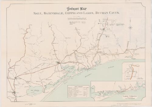Tourist map, Sale, Bairnsdale, Gippsland Lakes, Buchan Caves / compiled at the Crown Lands Department, Melbourne, May, 1933 ; compiled by the Tourist Resorts Committee ; photo-lithographed at the Department of Lands and Survey, Melbourne