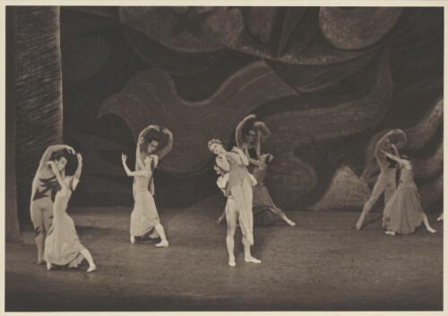 Irina Baronova and Paul Petroff as Passion (centre) and artists of the company, in Les presages, Covent Garden Russian Ballet, Australian tour, His Majesty's Theatre, Melbourne, April, 1939 (2) [picture] / Hugh P. Hall