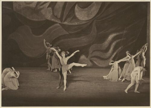 H. Algeranoff as Fate and Irina Baronova as Passion (centre), Paul Petroff as Passion (right) and artists of the company, in Les presages, Covent Garden Russian Ballet, Australian tour, His Majesty's Theatre, Melbourne, April, 1939 (1) [picture] / Hugh P. Hall