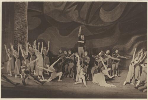Irina Baronova as Passion, Tatiana Riabouchinska as Frivolity, Tamara Grigorieva as Action (front centre), Paul Petroff as the Hero and artists of the company, in Les presages, Covent Garden Russian Ballet, Australian tour, His Majesty's Theatre, Melbourne, April, 1939 [picture] / Hugh P. Hall