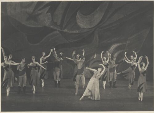 Nina Verchinina as Action, (centre) and artists of the company, in Les presages, Original Ballet Russe, Australian tour, His Majesty's Theatre, Melbourne, April - June, 1940 (1) [picture] / Hugh P. Hall