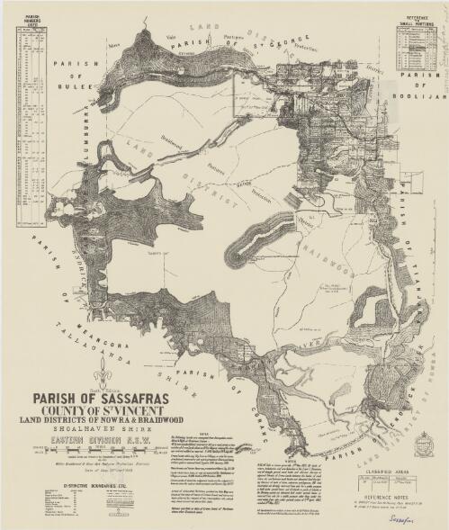 Parish of Sassafras, County of St Vincent [cartographic material] : Land Districts of Nowra & Braidwood, Shoalhaven Shire, Eastern Division N.S.W. / compiled, drawn and printed at the Department of Lands, Sydney N.S.W