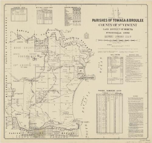 Parishes of Tomaga & Broulee, County of St Vincent [cartographic material] : Land District of Moruya, Eurobodalla Shire, Eastern Division N.S.W / compiled, drawn & printed at the Department of Lands, Sydney, N.S.W