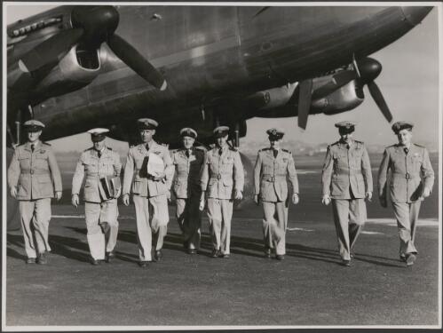 Crew of the first eastbound Lancastrian mail plane, left to right, R/O C.A. Hurndell, Captain H.B. Hussey, Captain S.K. Howard, R/O W.R. Clarke, N/O J.H. Brearley, F/S A. Graham, N/O R.N. Leek and F/O H.B. Locke, 4 June 1945 [picture] / Richard McKinney