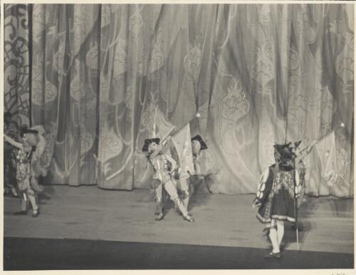Dmitri Rostoff as the Chamberlain (front right back to audience) and artists of the company as four Heralds, in Cendrillon, Covent Garden Russian Ballet, Australian tour, His Majesty's Theatre, Melbourne, ca. 1938 [picture] / Hugh P. Hall