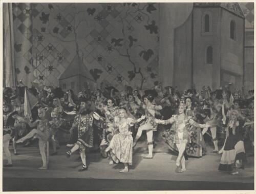 Raissa Kouznetsova as The Cat (front row second from left), Dimitri Rostoff as the Chamberlain (front row third from left), Tatiana Riabouchinska as Cinderella (front row centre), Paul Petroff as The Prince (front row second from right),  Marian Ladre and H. Algeranoff as The Two  Ugly Sisters (second row centre left and centre right), and artists of the company, in Cendrillon, Covent Garden Russian Ballet, Australian tour, His Majesty's Theatre, Melbourne, ca. 1938 [picture] / Hugh P. Hall