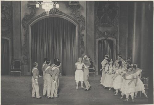 Tatiana Riabouchinska as a junior girl (centre left), David Lichine as a cadet (centre right), and artists of the company, in Graduation ball, The Original Ballet Russe, Australian tour, His Majesty's Theatre, Melbourne, 1940 [picture] / Hugh P. Hall