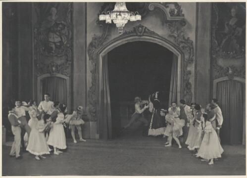 Igor Schwezoff as the Old General (centre rear left), Borislav Runanine as the Head Mistress (centre rear right), Genevieve Moulin as a Dance-step Competitor (far right of group on left), Alexandra Denisova as a Dance-step Competitor (far left of group on right), in Graduation ball, The Original Ballet Russe, Australian tour, His Majesty's Theatre, Melbourne, 1940 [picture] / Hugh P. Hall