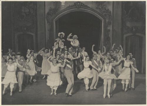 Borislav Runanine as the Head Mistress (above left), Igor Schwezoff as the Old General (above right), Tatiana Riabouchinska as a junior girl (centre front left), David Lichine as a junior cadet (centre front right), Alexandra Denisova as a Dance-step Competitor (front right in tutu), in Graduation ball, The Original Ballet Russe, Australian tour, His Majesty's Theatre, Melbourne, 1940 (1) [picture] / Hugh P. Hall
