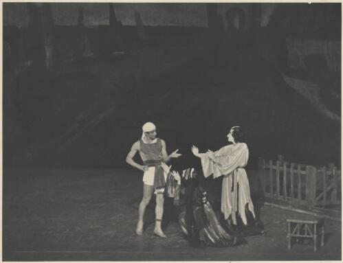 David Lichine as The Prodigal Son with Kira Abricossova and Tamara Tchinarova as The Sisters of The Prodigal Son, in Le fils prodigue, Covent Garden Russian Ballet, Australian tour, His Majesty's Theatre, Melbourne, March 1939 [picture] / Hugh P. Hall