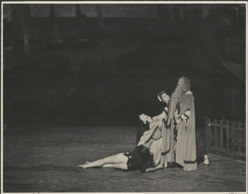 Anton Dolin as The Prodigal Son (on floor on left), Dimitri Rostoff as the Father (right), with Kira Abricossova and Tamara Tchinarova as the Sisters of The Prodigal Son, in Le fils prodigue, Covent Garden Russian Ballet, Australian tour, His Majesty's theatre, Melbourne, March 1939 [picture] / Hugh P. Hall