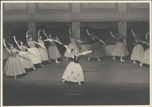 Tatiana Riabouchinska as the Conductress (centre front) and artists of the company, in Cotillon, Covent Garden Russian Ballet, Australian tour, His Majesty's Theatre, Melbourne, October 1938 [picture] / Hugh P. Hall