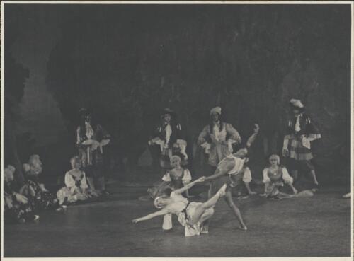 Tatiana Riabouchinska as the Serving Maid (centre front left), Roman Jasinsky as the Shepherd (centre front right), and artists of the company, in Les dieux mendiants, The Original Ballet Russe, Australian tour, His Majesty's Theatre, Melbourne, April 1940 [picture] / Hugh P. Hall