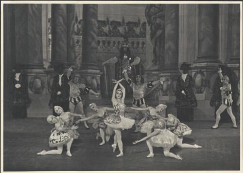 Irina Baronova (centre), Paul Petroff (standing right of Baronova), and artists of the company, in Le mariage d'Aurore, Covent Garden Russian Ballet, Australian tour, His Majesty's Theatre, Melbourne, ca. 1938 [picture] / Hugh P. Hall
