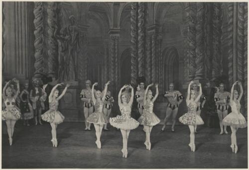 Genevieve Moulin (front row second from left), Alexandra Denisova (centre front), Sono Osato (front row far right), Paul Petroff (rear row fourth from right), Marian Ladre (rear row third from right), Michel Panaieff (rear row second from right), and artists of the company, in Le mariage d'Aurore, The Original Ballet Russe, Australian tour, His Majesty's Theatre, Melbourne, 1940 [picture] / Hugh P. Hall