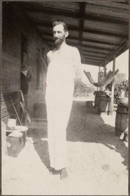 Geoffrey Tandy draped in a bed sheet, Low Islands, Queensland, 1928 [picture]