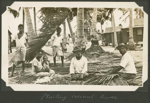 Villagers plaiting the leaves from the coconut palms, Badu Island, Queensland, ca. 1928 [picture] / Charles Maurice Yonge