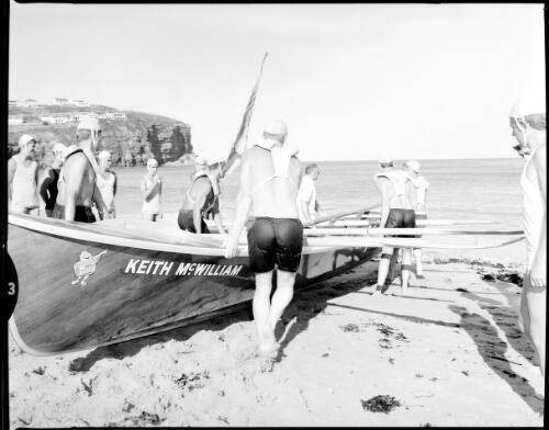 Launching of Keith McWilliam surf boat, Bilgola Beach, 26 November, 1967 [picture] / John Mulligan