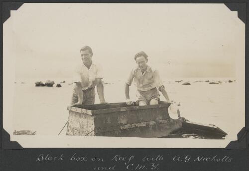 Black box on the reef with A.G. Nicholls and C.M. Yonge, Low Islands, Queensland, ca. 1928 [picture] / C.M. Yonge