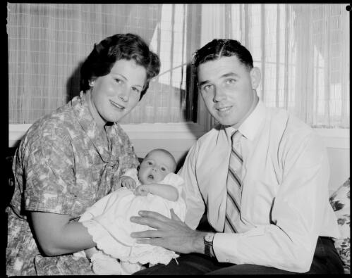 Parents with baby Jan on the day of the baptism, St. Bridget's Church, Marrickville, 29 June, 1962 [picture] / John Mulligan