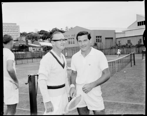 Harry Hopman, left, and Boro Jovanovic at the White City Tennis Courts, Sydney, 2 May, 1962 [picture] / John Mulligan