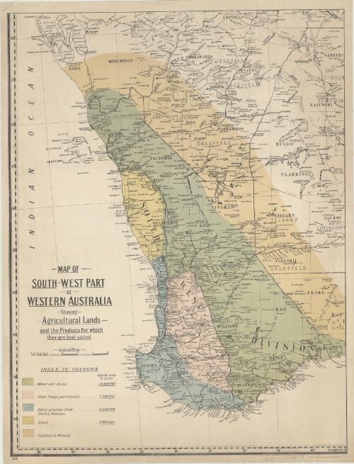 Map of South-West part of Western Australia showing agricultural lands and the products for which they are best suited [cartographic material]