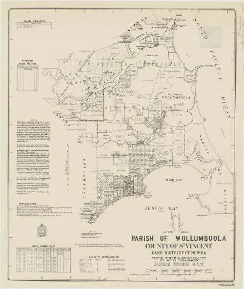 Parish of Wollumboola, County of St Vincent [cartographic material] : Land District of Nowra, Clyde Shire & Municipality of South Shoalhaven, Eastern Division N.S.W. / compiled, drawn and printed at the Department of Lands, Sydney N.S.W