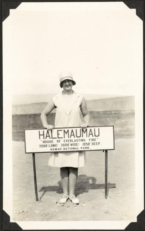 Mattie Yonge at the Halem'uma'u Crater in the Kilauea caldera on Big Island, Hawaii, 1929 [picture] / C.M. Yonge