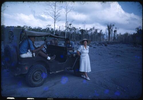 Sister Gilbert and staff in a jeep at the double crossing, Andemba River, Papua New Guinea, 1951 [transparency] / Albert Speer