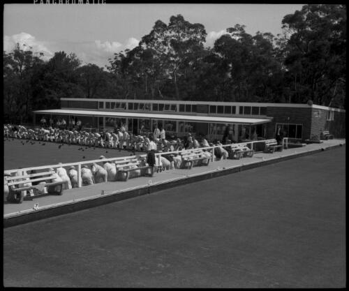 Lawn bowlers bowling on the green at the opening of the Beecroft Bowling Club House, 6 April 1964 [picture] / John Mulligan