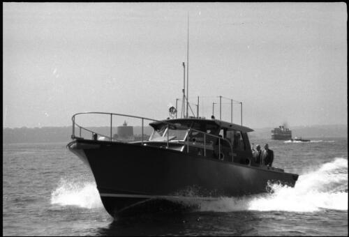 New police launch Nemesis which will be used to combat drug trafficking cruising on Sydney Harbour, 6 June 1966 [1] [picture] / John Mulligan