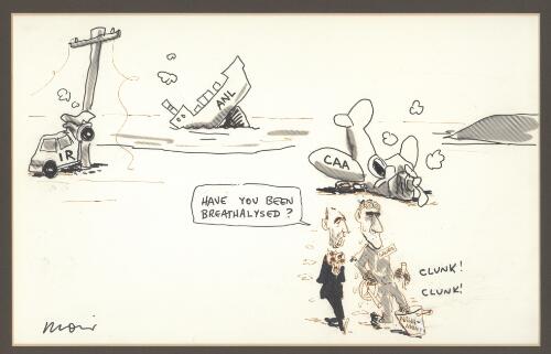 [Paul Keating speaking to Laurie Brereton as they walk away from the wreckage of ANL (Australian National Line), CAA (Civil Avaition Authority) and IR (Industrial relations)] "Have you been breathalysed?" [picture] / Moir