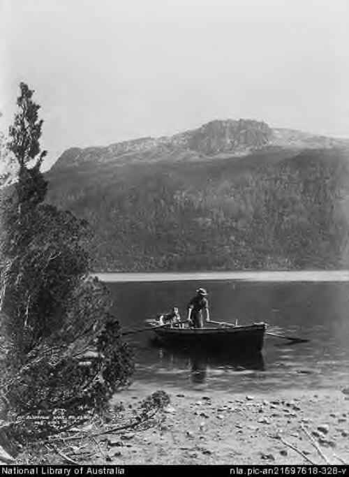 Mt Olympus, Lake St Clair Boast in foreground, Tasmania, 1913 [picture] / Spurling