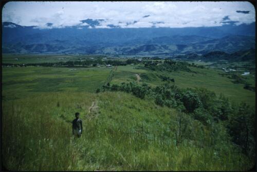Looking across Minj from a hill above the station (note Minj river) Minj Station, Wahgi Valley, Papua New Guinea, 1954 [picture] / Terence and Margaret Spencer