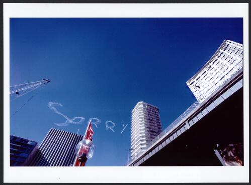 Advertising the event with the word Sorry written in the sky above buildings in Circular Quay, Sydney [picture] / Loui Seselja