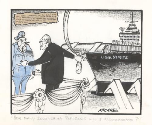 "How many Indo-China Refugees will it accommodate?" [President Gerald Ford launching the  U.S.S. Nimitz] [picture] / McCrae