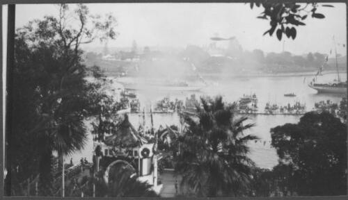 [Flotilla of ships in Farm Cove, in the front left of photograph stands the Guard of Honour at the landing stage where His Royal Highness arrived during visit to Sydney of H.R.H. the Prince of Wales, June - July 1920] [picture]