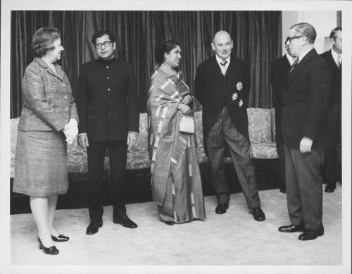 After the ceremony at Government House, Canberra, the first High Commissioner for Bangladesh and Mrs Hossein Ali converse with the Australian Governor-General, Sir Paul Hasluck, and Lady Hasluck, and ... Mr Nigel Bowen, 1972 [picture] / Australian Information Service