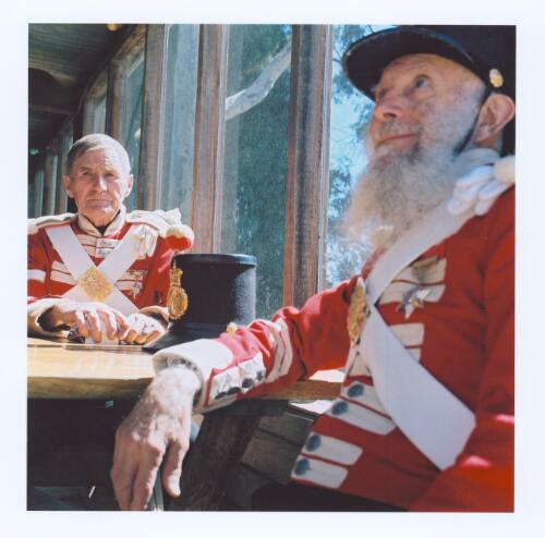 [Sovereign Hill employees dressed as British soldiers (Red coats) eat lunch at the cafeteria, Ballarat, Friday 24th March 2000] [picture] / Matthew Sleeth
