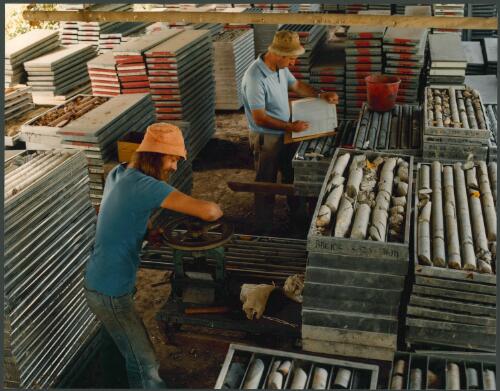 Shell geologists, Imre Hillenbrand (foreground) and Dick Wright in the core library in the Orange region, New South Wales, 1980, 1 [picture] / Wolfgang Sievers