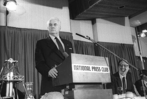 Portrait of Gough Whitlam at the National Press Club, Canberra, ca. 1975 [picture]
