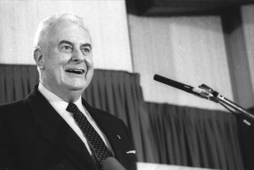 Gough Whitlam speaking at the National Press Club, Canberra, ca. 1975 [picture]