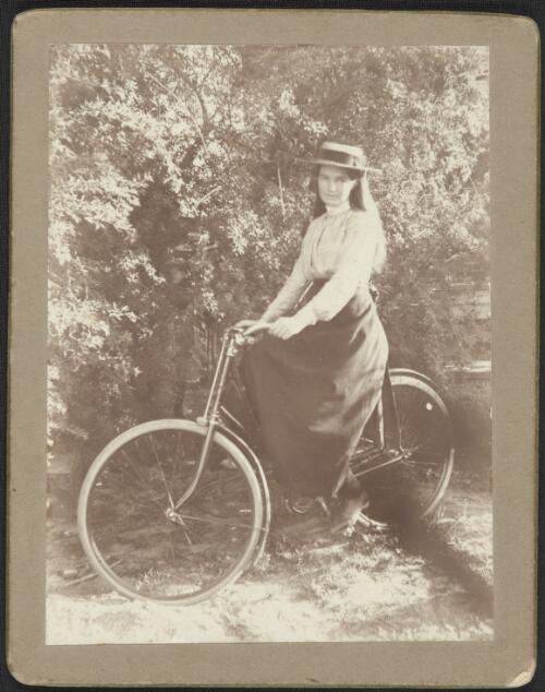Nettie Palmer on a bicycle at Elsternwick, Victoria, 1902 [picture]