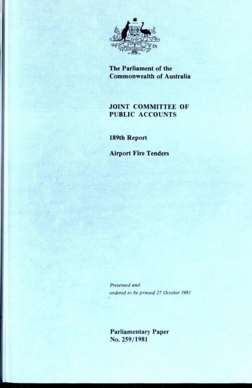 Airport fire tenders : 189th report / Joint Committee of Public Accounts