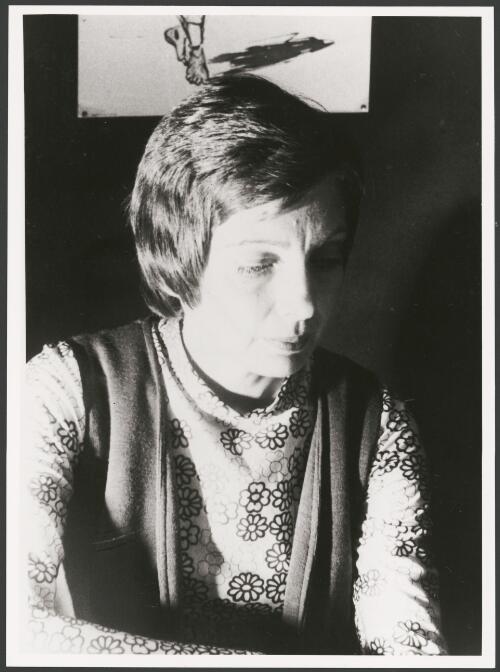 Portrait of Donna Greaves taken during an oral history interview, 5 September 1974 [picture] / Hazel de Berg