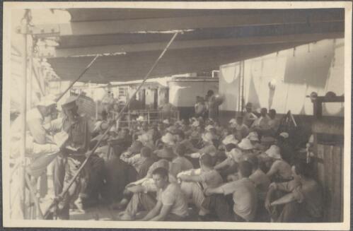 [Soldiers from] B Squadron listening to lecture, [travelling on the Star of Victoria troopship from Colombo to Aden, March 1915] [picture] / J.P. Campbell