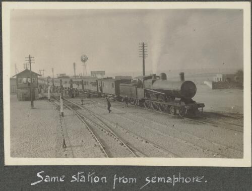Same [railway] station from semaphore, [view of the steam train transporting soldiers of the 8th Light Horse Regiment from Suez to Cairo, April 4, 1915] [picture] / J.P. Campbell