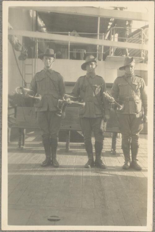 Major Deeble's 3 trumpeters, [of the 8th Light Horse Regiment and presumed on troopship Menominee having left Alexandria, Egypt, and bound for Gallipoli, Turkey, May 16?, 1915] [picture] / J.P. Campbell
