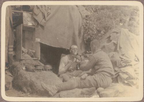 Q.M. Maloney shaving, [as another soldier holds up a mirror for him, June? 1915] [picture] / J.P. Campbell