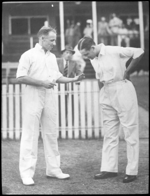 Coin toss first Test, Brisbane, Sir Donald Bradman and G.O. Allen, 1936/37 Marylebone Cricket Club (MCC) tour of Australia [transparency]